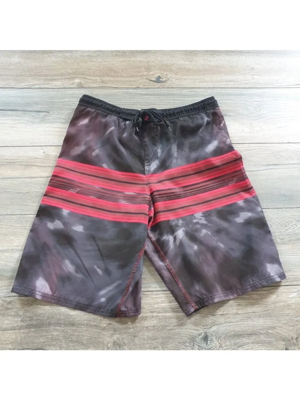 Burnside Swim Trunks Mens Tie Dye Red Striped Drawstring Front Pocket Small Mesh